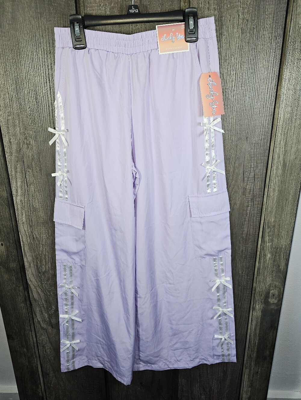 Lucky You Girls Lavender Cargo Track Pants Size 12 Wide Leg Bow Trim